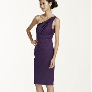 David's Bridal One Shoulder Satin Mini Bridesmaid's Dress in Lapis Purple Size 6